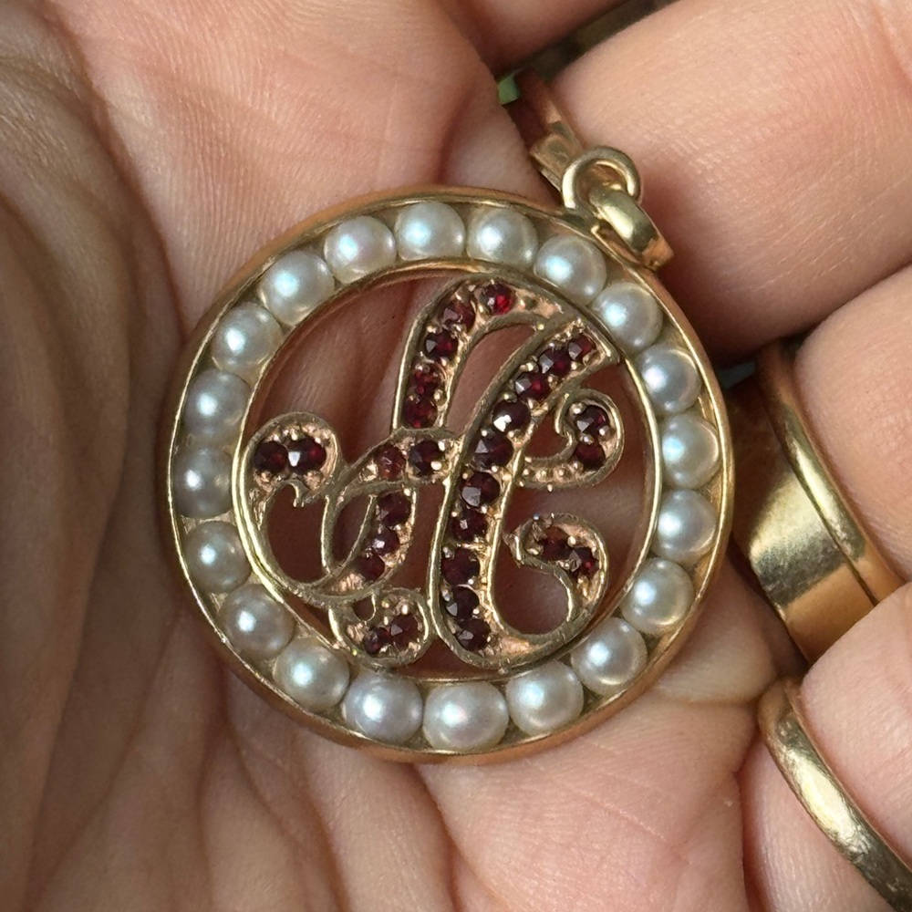 Vintage 14k yellow gold large heavy letter “A” pendant with pearls and red stone